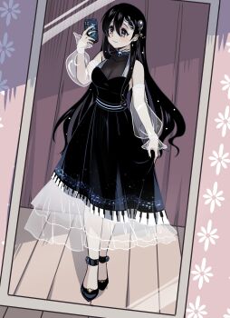 Rule 34 | 1girl, absurdres, black dress, black eyes, black hair, black shoes, blue streaks, braid, braided bangs, breasts, cellphone, cleavage, closed mouth, commentary, detached sleeves, double-parted bangs, dress, english commentary, full body, hair between eyes, highres, holding, holding phone, large breasts, long dress, long hair, looking at phone, mirror, mirror selfie, multicolored hair, original, phone, ryuuxin, sadie (ryuuxin), see-through cleavage, see-through clothes, see-through sleeves, selfie, shoes, smartphone, smile, solo, standing, streaked hair