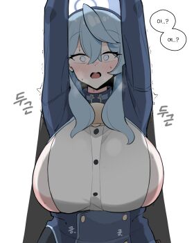 !? 1girl absurdres ako_(blue_archive) alternate_breast_size_(larger) aqua_hair bell belt black_belt black_skirt blue_archive blue_coat blue_hairband blue_shrug blush breasts buttons closed_mouth coat commentary_request cowbell crescent_halo crossed_bangs hair_behind_ear hair_between_eyes hair_over_shoulder hair_ribbon hairband halo hand_up highres huge_breasts jahe_(73732258) long_sleeves looking_at_viewer medium_hair miniskirt motion_lines neck_bell pencil_skirt red_ribbon ribbon shirt shrug_(clothing) sideboob sideless_shirt sidelocks skirt sleeve_cuffs solo speech_bubble speed_lines split_mouth sweat sweatdrop thick_thighs thighs translation_request trembling underbust upper_body white_background white_shirt