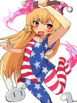 1girl @_@ american_flag_dress american_flag_legwear arm_up blonde_hair blush clownpiece commentary_request commission covered_navel cowboy_shot dress fang fire foot_out_of_frame hat highres holding holding_torch jester_cap long_hair neck_ruff open_mouth pantyhose polka_dot_headwear rabbit red_eyes short_sleeves simple_background skeb_commission skin_fang smile solo standing standing_on_one_leg star_(symbol) star_print striped_clothes torch touhou tungsten_mochoo very_long_hair white_background