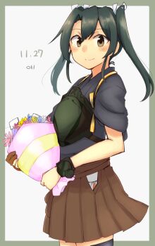Rule 34 | 1girl, absurdres, artist logo, border, bouquet, brown eyes, brown hakama, camouflage, commentary request, cowboy shot, dated, flower, green border, green hair, grey background, grey kimono, hakama, hakama short skirt, hakama skirt, highres, japanese clothes, kantai collection, kimono, logo, long hair, looking at viewer, ma rukan, muneate, ribbon, skirt, smile, solo, tasuki, twintails, two-tone background, white ribbon, wristband, zuikaku (kancolle), zuikaku kai ni (kancolle)