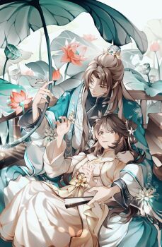 1boy 1girl absurdres aqua_coat black_shirt boat brown_hair chinese_clothes chinese_commentary closed_mouth coat commentary_request couple curtained_hair dappled_sunlight daxiushan day dress feet_out_of_frame flower flower_ornament folded_fan folding_fan gradient_clothes gradient_dress hair_flower hair_ornament hand_fan hands_up hanfu hetero highres holding holding_fan holding_leaf hua_yi_shanxin_zhiyue leaf leaf_umbrella long_hair long_sleeves looking_up lotus lotus_leaf lotus_pod nail_polish on_boat open_clothes open_coat orange_dress orange_nails outdoors parted_bangs pink_flower reclining robe shirt shuangyaji sideways_glance sitting sitting_on_lap sitting_on_person smile sunlight swept_bangs the_princess_(hua_yi_shanxin_zhiyue) wangulongdong watercraft white_dress white_hanfu white_robe wide_sleeves xiao_guan_(headdress) yellow_eyes yu_ze