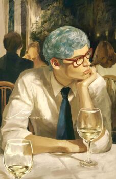 1boy alternate_costume blue_hair blue_necktie chair collared_shirt commentary cup drink drinking_glass elbows_on_table ghiaccio glasses highres indoors jojo_no_kimyou_na_bouken jomijjd long_sleeves looking_to_the_side male_focus necktie on_chair pov realistic red-framed_eyewear restaurant shirt short_hair sitting sleeves_rolled_up symbol-only_commentary vento_aureo white_shirt wine_glass