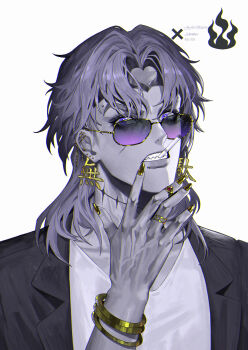 1boy absurdres black_jacket cigarette clenched_teeth collarbone colored_skin commentary dio_brando ear_piercing earrings english_commentary eyelashes face_piercing forehead_piercing forehead_protector gold_earrings gold_nails gold_ring grey_skin hand_on_own_chin heart highres jacket jewelry jojo_no_kimyou_na_bouken kanji_earrings lip_piercing lips looking_at_viewer male_focus medium_hair mismatched_earrings mouth_hold multiple_piercings multiple_rings nail_polish parted_bangs piercing purple-tinted_eyewear purple_eyes purple_hair ring simple_background solo stardust_crusaders sunglasses teeth thick_eyebrows tinted_eyewear upper_body veela watermark weibo_watermark white_background yellow-framed_eyewear