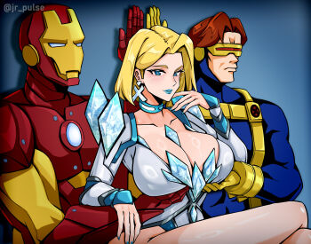 Rule 34 | 1girl, 2boys, armor, blonde hair, blue background, blue bodysuit, blue lips, blue nails, bodysuit, breasts, brown hair, choker, collarbone, cyclops (x-men), earrings, emma frost, gloves, goggles, highres, iron man, jewelry, jrpulse, large breasts, leotard, marvel, marvel rivals, meme, multiple boys, power suit, red-tinted eyewear, servants holding aphrodite's breasts (meme), short hair, superhero costume, thighs, tinted eyewear, white leotard, x-men, yellow gloves