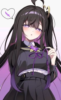 1girl ahoge black_shirt black_skirt blush breasts chitose_(stella_sora) colored_inner_hair highres kano3 large_breasts layered_shirt long_hair looking_at_viewer multicolored_hair pleated_skirt purple_eyes purple_hair shirt side_ponytail skirt solo stella_sora very_long_hair