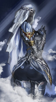 Rule 34 | 1girl, absurdres, armor, ass, chinese commentary, cloud, commentary request, dancer of the boreal valley, dark souls (series), dark souls iii, facing back, from behind, full armor, gauntlets, giant, giantess, highres, miao jiangyou, own hands together, solo, standing, sunlight, veil