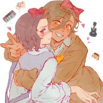 Rule 34 | 2girls, absurdres, bass guitar, blush, bow, bowtie, brown hair, brown sweater, chibi, closed mouth, commentary request, ebizuka tomo, girls band cry, grey vest, grin, hair bow, hair ornament, hairclip, heart, highres, hug, instrument, keyboard (instrument), lingchun-renji, multiple girls, pink bow, rupa (girls band cry), school uniform, shirt, short hair, simple background, smile, sweater, v, vest, white background, white shirt, yellow bow, yellow bowtie, yellow eyes, yuri