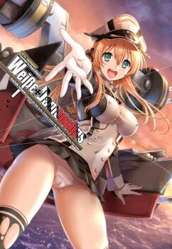 10s 1girl blonde_hair cameltoe covered_erect_nipples female_focus gloves hat kantai_collection long_hair miniskirt panties peaked_cap pleated_skirt prinz_eugen_(kancolle) rigging skirt sky solo twintails uguisu_kagura underwear uniform white_panties