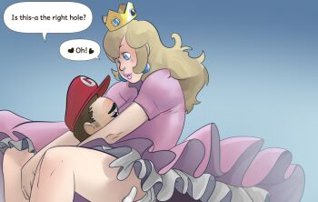 1boy 1girl blonde_hair blue_eyes brown_hair commentary crown dress earrings english_commentary girl_on_top gloves gold_crown hat height_difference hetero implied_sex jewelry long_hair mario mario_(series) nintendo pink_dress princess_peach red_hat simple_background speech_bubble straddling upright_straddle view_(forview) white_gloves