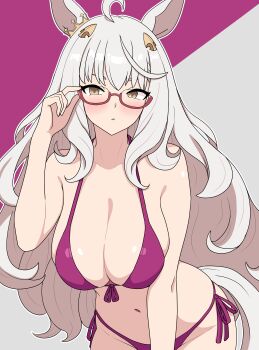 1girl absurdres animal_ears bikini biwa_hayahide_(umamusume) blush breasts commentary english_commentary eviconstantine glasses highres horse_girl large_breasts long_hair looking_at_viewer md5_mismatch purple_bikini resolution_mismatch self-upload solo source_smaller swimsuit umamusume white_hair