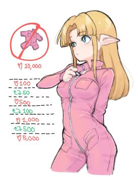 1girl absurdres alternate_costume biker_clothes bikesuit blonde_hair blue_eyes bodysuit commentary cropped_legs grimmelsdathird highres long_hair long_sleeves nintendo pink_bodysuit pointy_ears princess_zelda solo the_legend_of_zelda the_legend_of_zelda:_a_link_between_worlds twitter_strip_game white_background zipper zipper_pull_tab