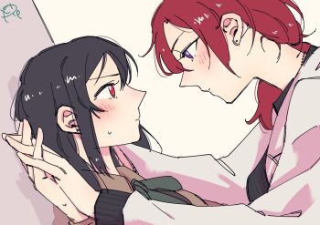 Rule 34 | 2girls, black hair, blush, closed mouth, commentary request, earrings, eye contact, highres, holding hands, interlocked fingers, jacket, jewelry, kabedon, looking at another, love live!, love live! school idol project, medium hair, multiple girls, nishikino maki, otonokizaka school uniform, pink jacket, purple eyes, red eyes, red hair, school uniform, stud earrings, surfacedxxc, yazawa nico, yellow background, yuri