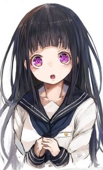 1girl :o arched_bangs black_hair blue_neckerchief blue_sailor_collar chitanda_eru commentary_request highres hyouka kamiyama_high_school_uniform_(hyouka) long_hair long_sleeves looking_at_viewer neckerchief nyucha open_mouth own_hands_clasped own_hands_together purple_eyes raised_eyebrows ringed_eyes sailor_collar school_uniform serafuku shirt simple_background sleeve_cuffs solo steepled_fingers upper_body white_background white_shirt winter_uniform
