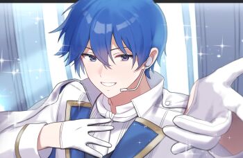 1boy :d akikan_sabako blue_eyes blue_hair blue_view_(vocaloid) collared_shirt commentary_request curtains double-parted_bangs earpiece from_above gloves grin hair_between_eyes half_gloves hand_on_own_chest hands_up highres jacket kaito_(vocaloid) lapels long_sleeves looking_at_viewer male_focus open_mouth portrait reaching reaching_towards_viewer shirt short_hair simple_background smile solo sparkle very_short_hair video_thumbnail vocaloid white_background white_gloves white_jacket white_shirt