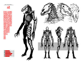 1boy abelardo animal_skull armor aztec aztec_glyphs back character_name clawed_feet claws digitigrade dyrrrl_(abelardo) facing_viewer from_side full_body greyscale horror_(theme) monochrome monster multiple_views original ribs science_fiction skeleton sketch soldier spikes spinal_cord stats teeth turnaround