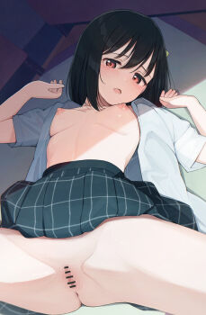 1girl bar_censor blue_shirt blue_skirt blush bow breasts censored commentary_request green_hair hair_bow highres love_live! love_live!_nijigasaki_high_school_idol_club lying medium_breasts medium_hair mifune_shioriko mosaic_censoring nijigasaki_school_uniform nipples no_bra no_panties on_back open_clothes open_mouth open_shirt plaid_clothes plaid_skirt pussy red_eyes school_uniform shirt skirt solo spread_legs summer_uniform sunlight tata_(tataice) yellow_bow