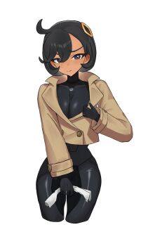 1girl aged_up black_bodysuit black_gloves black_hair blush bodysuit bodysuit_under_clothes breasts brown_jacket closed_mouth commentary covered_collarbone covered_navel cowlick cropped_legs dajumin dark-skinned_female dark_skin emma_(pokemon) gloves hair_between_eyes hair_ornament highres holding holding_paper jacket jacket_tug looking_at_viewer medium_breasts mega_stone nintendo nose_blush orange_gloves paper pokemon pokemon_legends:_z-a purple_eyes see-through_cleavage see-through_clothes short_hair sidelocks simple_background solo standing swept_bangs white_background