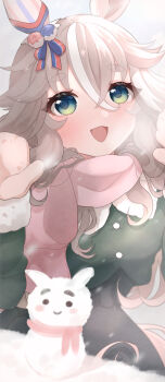 Rule 34 | 1girl, absurdres, animal ears, blue eyes, blush, bow, breasts, coat, commentary request, ear bow, ear covers, green coat, grey hair, hair between eyes, highres, horse ears, horse girl, kurumiya (krmy p), long hair, long sleeves, looking at viewer, multicolored hair, open mouth, pink scarf, scarf, single ear cover, smile, snowman, solo, streaked hair, umamusume, winter clothes, winter coat, wonder acute (umamusume)