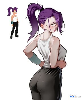 1girl absurdres artist_name ass black_pants breasts futurama highres large_breasts long_hair nisp_art one-eyed pants pantylines parted_lips ponytail purple_hair reference_inset simple_background solo tank_top turanga_leela white_background white_tank_top