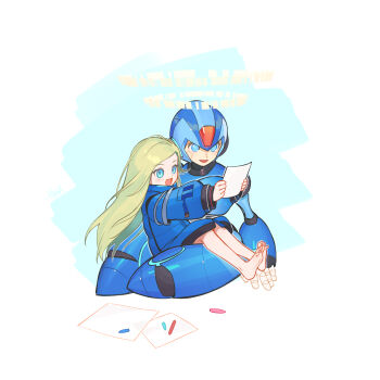 1boy 1girl absurdres armor barefoot blonde_hair blue_armor blue_coat blue_helmet buzzsaw_(6631455) capcom coat commentary company_connection crayon crossover diana_(pragmata) forehead_jewel halo helmet highres holding holding_paper long_hair mega_man_(series) mega_man_x_(series) open_mouth paper pragmata simple_background sitting sitting_on_lap sitting_on_person smile teppen untranslatable_commentary weapon x_(mega_man) yellow_halo