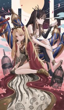 2girls absurdres armlet bare_shoulders barefoot birdcage black_hair black_leotard blonde_hair blush boots breasts cage cloak earrings elbow_gloves ereshkigal_(fate) fate/grand_order fate_(series) gloves gold_can gold_shoes hair_ribbon hand_on_own_chin high_heel_boots high_heels highres hoop_earrings ishtar_(fate) jewelry leotard long_hair looking_at_viewer multiple_girls parted_bangs parted_lips red_cloak red_eyes red_ribbon ribbon shoes single_elbow_glove single_thighhigh small_breasts smile thighhighs tiara two_side_up very_long_hair