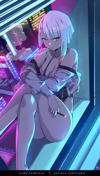 1girl cigarette club3 cyberpunk_(series) cyberpunk:_edgerunners highres holding holding_cigarette lucy_(cyberpunk) off_shoulder short_hair sitting smoking solo white_hair yellow_eyes