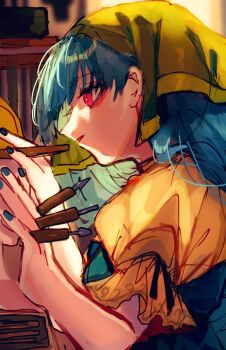 1girl blue_hair blue_nails commentary_request fingernails haniyasushin_keiki headscarf highres long_hair one-hour_drawing_challenge open_mouth profile puffy_short_sleeves puffy_sleeves red_eyes shinjitsu_no_kuchi shirt short_sleeves solo tools touhou upper_body yellow_headscarf yellow_shirt