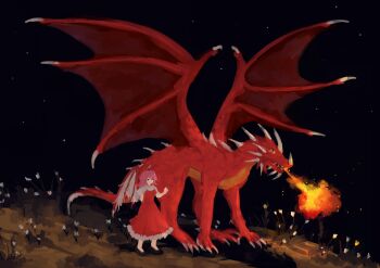 1girl arm_behind_back black_shoes breath_weapon breathing_fire commentary_request dragon dragon_wings dress fire hand_on_another's_leg heroes_of_might_and_magic heroes_of_might_and_magic_iii highres lepi_doptera might_and_magic pink_hair puffy_short_sleeves puffy_sleeves red_dress sara_(touhou) shoes short_hair short_sleeves touhou touhou_(pc-98) western_dragon wings