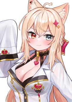 1girl absurdres ahoge animal_ear_fluff animal_ears blonde_hair breasts cat_ears cleavage commentary grey_eyes heterochromia highres indie_virtual_youtuber large_breasts lee_jooin long_hair long_sleeves pocari_(sq551) shirt simple_background solo upper_body virtual_youtuber white_background white_shirt yellow_eyes