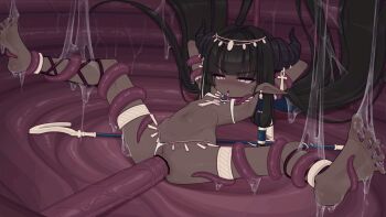 1girl anal ancient_egyptian animated animated_gif ankh ankh_necklace anklet arms_behind_head bikini bikini_bottom_aside black_hair blush censored clothing_aside collar dark-skinned_female dark_skin demon_girl demon_horns earrings full_body gold_anklet gold_bikini gold_collar gold_earrings gold_thighlet grabbed_by_tentacles grabbing_another's_arm hair_tubes highres holding_another's_legs horn_ornament horns jewelry large_insertion loli long_hair navel nta_(drapa_box10) original pointy_ears pussy rape restrained saliva sidelocks single_hair_tube slimy sling_bikini_top spread_legs staff stomach stomach_bulge sweat swimsuit tentacle_around_neck tentacle_sex tentacles thighlet tongue tongue_out very_long_hair yellow_eyes
