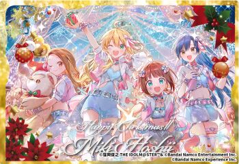4girls ahoge amami_haruka belt blonde_hair blue_hair box breasts brown_eyes brown_hair christmas cleavage english_text facial_mark gift gift_box green_eyes hair_ribbon hand_on_own_chest hat holding hoshii_miki idol_clothes idolmaster idolmaster_tours jacket kisaragi_chihaya minase_iori multiple_girls naru_(andante) navel official_art one_eye_closed open_mouth pants reaching reaching_towards_viewer red_eyes ribbon santa_hat skirt smile snowflakes sparkle stuffed_animal stuffed_toy teddy_bear thighhighs white_thighhighs