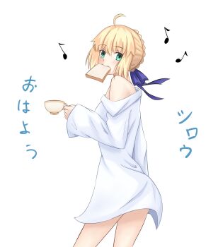 absurdres ahoge andychen662000 artoria_pendragon_(fate) blonde_hair blue_bow bow braid bread bread_slice bun_with_braided_base commentary_request cup fate/stay_night fate_(series) food green_eyes hair_bow hair_bun highres holding holding_cup mouth_hold musical_note saber_(fate) shirt sidelocks teacup white_background white_shirt