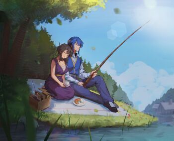 1boy 1girl absurdres alternate_costume black_hair blue_hair breasts closed_eyes commission commissioner_upload cookie couple cup day dress earrings fire_emblem fire_emblem:_genealogy_of_the_holy_war fishing fishing_rod food grass head_on_another&#039;s_shoulder headband highres holding holding_cup holding_fishing_rod house jewelry lake larcei_(fire_emblem) leaf leaning_on_person leaning_to_the_side liimonchi long_hair medium_breasts nintendo outdoors pants picnic picnic_basket picnic_blanket saucer seiza seliph_(fire_emblem) short_hair side-by-side sidelocks sitting sky sleeping sleeping_upright smile tea teacup tree vest water white_headband