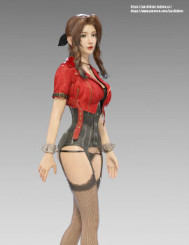 1girl 3d aerith_gainsborough alternate_costume black_corset black_panties black_ribbon bracelet breasts brown_hair choker corset cropped_jacket final_fantasy final_fantasy_vii final_fantasy_vii_remake gachidom garter_belt garter_straps gradient_background green_eyes hair_ribbon highres jacket jewelry lipstick long_hair looking_at_viewer makeup medium_breasts necklace panties parted_bangs red_jacket ribbon short_sleeves sidelocks square_enix standing thighhighs underwear upper_body watermark wavy_hair web_address