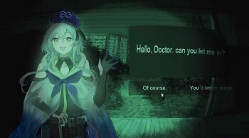 1boy :d arknights beret black_ribbon button_prompt chinese_commentary commentary_request crossed_bangs cursor dialogue_options elbow_gloves english_text gameplay_mechanics gloves green_theme grey_eyes grey_hair hair_between_eyes hat hat_ribbon hood hood_down jpeg_artifacts looking_at_viewer male_focus mizuki_(arknights) night_vision no_i'm_not_a_human open_mouth parody purple_hat qier7439 ribbon short_hair_with_long_locks single_elbow_glove smile solo waving