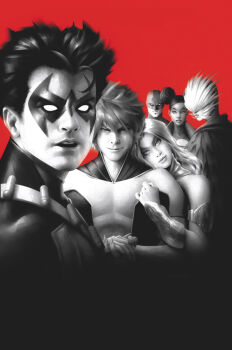 3boys 3girls armor beast_boy_(dc) bodysuit bunker_(dc) cassandra_sandsmark cloak color_background dark_skin dc_comics domino_mask double_bun eye_mask garfield_logan hair_bun highres leaning looking_at_viewer lost_boys mask multiple_boys multiple_girls over_shoulder parody parted_lips pointy_ears power_girl raven_(dc) realistic red_robin smile tanya_spears teen_titans the_lost_boys tim_drake vambraces wonder_girl