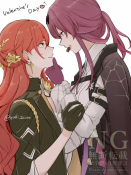 Rule 34 | 2girls, black gloves, black jacket, chocolate, collared shirt, commentary, earrings, english commentary, food in mouth, gloves, grabbing another's chin, half updo, hand on another's chin, heart, himeko (honkai: star rail), holding another's arm, honkai: star rail, honkai (series), jacket, jewelry, kafka (honkai: star rail), long hair, multiple girls, ponytail, purple gloves, purple hair, red hair, shirt, signature, valentine, watermark, white shirt, yuri, yuuhi (arcadia)