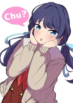 1girl :o blue_eyes blue_ribbon brown_cardigan cardigan cho_toutoi_love colored_speech_bubble commentary_request cowboy_shot dress hair_ribbon hands_on_own_cheeks hands_on_own_face hasu_no_sora_school_uniform highres kaudon link!_like!_love_live! long_hair looking_at_viewer love_live! low_twintails murano_sayaka neckerchief open_cardigan open_clothes pleated_dress raised_inner_eyebrows red_neckerchief ribbon sailor_collar sailor_dress school_uniform simple_background solo speech_bubble twintails virtual_youtuber white_background white_sailor_collar winter_uniform