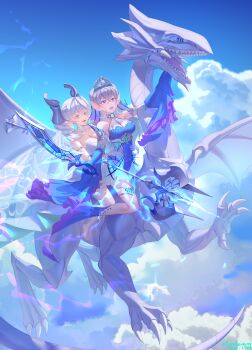 2girls absurdres arm_fins blue-eyes_white_dragon blue_eyes blue_tongue breasts colored_tongue commentary_request demon_girl demon_horns demon_wings dragon drill_hair duel_monster fins fish_girl grey_eyes head_fins highres horns kitkallos_(yu-gi-oh!) large_breasts long_hair lovely_labrynth_of_the_silver_castle multiple_girls open_mouth pointy_ears polearm rare_lemon silver_tiara spear tearlaments_kitkallos teeth tiara transparent_wings twin_drills weapon western_dragon wings yu-gi-oh! yuri