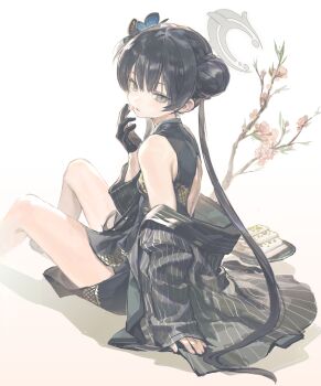 Rule 34 | 1girl, bare shoulders, black dress, black gloves, black hair, blue archive, butterfly hair ornament, china dress, chinese clothes, chinese commentary, commentary request, double bun, dress, gloves, grey halo, hair bun, hair ornament, halo, highres, holding, holding petal, jacket, jiu jiu jiu jiu, kisaki (blue archive), long hair, open clothes, open jacket, petals, single glove, single sleeve past wrist, sleeveless, sleeveless dress, solo, striped clothes, striped jacket, twintails, vertical-striped clothes, vertical-striped jacket