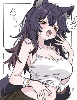 1girl animal_ears asami-chan bags_under_eyes bandaged_arm bandages bare_shoulders black_hair breasts character_request cleavage collarbone copyright_request crop_top highres large_breasts long_hair midriff navel open_mouth simple_background sleeveless solo tail tank_top white_background white_tank_top wolf_ears wolf_girl wolf_tail yawning yellow_eyes