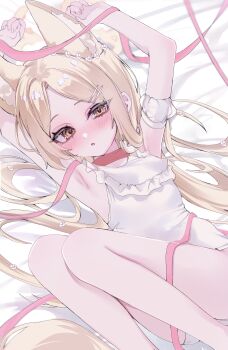 Rule 34 | 1girl, absurdres, alternate costume, animal ear fluff, animal ears, armpits, arms up, bed sheet, blonde hair, blue archive, blush, chedisu, commentary request, detached sleeves, extra ears, flower, forehead, fox ears, frilled one-piece swimsuit, frills, hair flower, hair ornament, hairclip, highres, knees to chest, knees together feet apart, long hair, looking at viewer, lying, on back, one-piece swimsuit, parted bangs, parted lips, presenting armpit, ribbon, seia (blue archive), short sleeves, sidelocks, simple background, solo, swimsuit, thighs, white one-piece swimsuit, yellow eyes