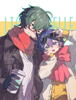 Rule 34 | 1boy, 1girl, absurdres, adjusting eyewear, ahoge, alternate costume, aqua nails, belle (zenless zone zero), black gloves, black jacket, blue eyes, blue hair, blush, borrowed accessory, chain, chain necklace, character name, closed mouth, crossed bangs, cup, earrings, glasses, gloves, green eyes, green hair, hair between eyes, hair ornament, hairclip, hand on own cheek, hand on own face, hand up, head tilt, highres, holding, holding cup, jacket, jewelry, letter hair ornament, lighter (zenless zone zero), looking at viewer, necklace, open clothes, open mouth, rainzz550793, red pupils, red scarf, scarf, short hair, smile, sparkle, sunglasses, sweater, two-tone background, unzipped, upper body, v, white background, white jacket, white sweater, yellow background, yellow sweater, zenless zone zero