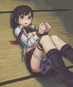 1girl bdsm black_hair blush bondage boots bound bound_legs bound_wrists breasts brown_eyes brown_hair censored clothes_lift fatal_frame fatal_frame_1 female_focus floor hinasaki_miku indoors long_sleeves looking_at_viewer lying namu_(nurui_cha) necktie nipples no_bra novelty_censor on_back on_floor open_clothes open_mouth panties panty_pull ponytail restrained rope shibari shirt shirt_lift short_hair short_ponytail solo underwear wrists_tied_together