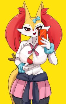 1girl animal_ear_fluff animal_ears animal_nose black_fur blue_bow blue_scrunchie blush body_fur bow bra braixen breasts buttons clothes_around_waist collared_shirt cowboy_shot ear_bow fang female_focus flashing fox_ears fox_girl fox_tail furry furry_female gen_6_pokemon gyaru happy highres large_breasts looking_at_viewer miniskirt multicolored_fur neck_ribbon nintendo open_clothes open_mouth open_shirt pink_ribbon pink_skirt pleated_skirt pokemon pokemon_(creature) raised_eyebrow red_bra red_eyes ribbon school_uniform scrunchie see-through_clothes see-through_shirt shirt simple_background skirt sleeves_rolled_up smile smug solo standing stick straight-on sweater sweater_around_waist tail unbuttoned underwear white_fur white_shirt wozzu wrist_scrunchie yellow_background yellow_fur
