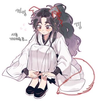 Rule 34 | 1boy, animal ears, black hair, black shoes, blush, brown eyes, chinese clothes, commentary request, curly hair, curtained hair, dog boy, dog ears, dog tail, drawn ears, drawn tail, fluffy hair, flying sweatdrops, from above, hair ribbon, hamkong 0311, hanfu, highres, hugging own legs, knees up, korean commentary, korean text, long hair, looking down, luo binghe, male focus, outline, own hands together, parted bangs, pink outline, ponytail, raised eyebrows, red ribbon, renzha fanpai zijiu xitong, ribbon, shoes, sidelocks, simple background, sitting, solo, sweatdrop, tail, very long hair, white background, white hanfu, wide sleeves