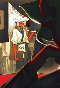 2girls blue_hair colored_skin commentary_request demon_girl demon_horns green_hair guru.zong highres horns japanese_clothes kneesocks_(psg) long_hair multiple_girls panty_&amp;_stocking_with_garterbelt red_skin scanty_(psg) school_uniform yuri