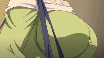 1girl 2017 animated animated_gif bouncing_breasts breast_focus breasts close-up female_focus from_side green_shirt head_out_of_frame highres huge_breasts impossible_clothes impossible_shirt indoors jitaku_keibiin katsuragi_shouko large_breasts long_sleeves looping_animation mature_female off-shoulder off-shoulder_shirt off_shoulder shiny_skin shirt solo solo_focus suzuki_mirano tight_clothes tight_shirt upper_body walking