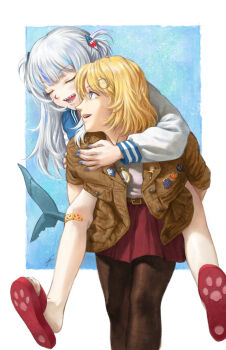 2girls arm_around_shoulder bandaid bandaid_on_knee bandaid_on_leg belt blonde_hair bloop_(gawr_gura) blue_background blue_eyes blue_hair blue_nails blue_streaks blunt_bangs blush border brown_belt brown_jacket carrying carrying_person character_pin closed_eyes commentary death-sensei_(mori_calliope) diamond_hair_ornament english_commentary fins fish_tail gawr_gura hair_ornament highres hololive hololive_english jacket kotori_(takanashi_kiara) long_hair long_sleeves looking_at_another multicolored_hair multiple_girls nail_polish open_mouth outside_border pantyhose paw_print_soles piggyback pocket pocket_watch red_skirt sandals shark_girl shark_tail sharp_teeth shirt short_hair skirt slides smile streaked_hair sweater tail takodachi_(ninomae_ina&#039;nis) teeth two_side_up virtual_youtuber watch watson_amelia white_border white_hair wolfgangleblanc
