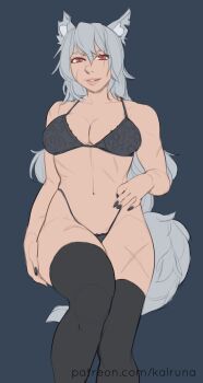 1girl animal_ears black_bra black_nails black_thighhighs bra kalruna original panties scar solo thighhighs underwear wolf_ears